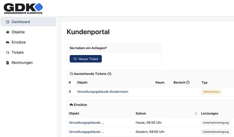 Ansicht des GDK-Kundenportals mit Einsätzen und Tickets